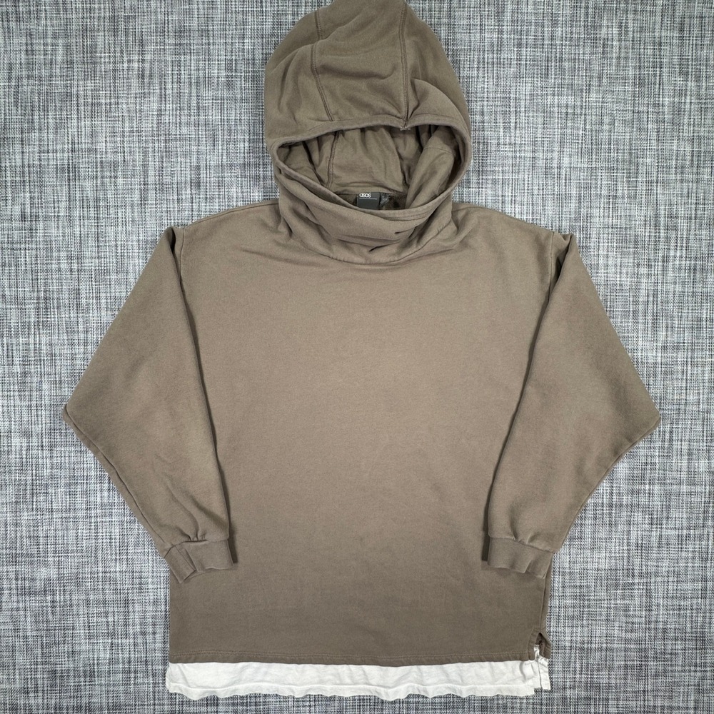 ASOS Men's Tall Hoodie Funnel Neck Double Layer Hem Pullover Brown Medium